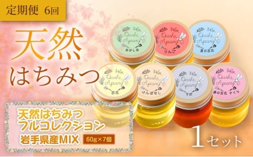 【定期便6ヵ月】【岩手の花の贈り物】岩手県産 天然はちみつフルコレクション 60g×7個（あかしあ・りんご・夏の百花（やぶからし）・百花・けんぽなし・春の百花（さくら）・そば）×1セット×全6回　岩手 盛岡市 国産 蜂蜜 無添加 無加工 天然