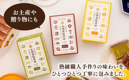【全12回定期便】カット包装カステラ3箱入(各5切入) プレーン 抹茶 宇治茶 星野茶 チョコ 五島市/文明堂総本店 [PEO016]