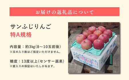 《11月発送》 サンふじりんご 「 特A 」規格 約3kg(8～10玉程度) 【糖度 13度以上 森山商店 平川市産 青森りんご 年内発送 11月 林檎 リンゴ りんご サンふじ ふじ 特A規格 光セ