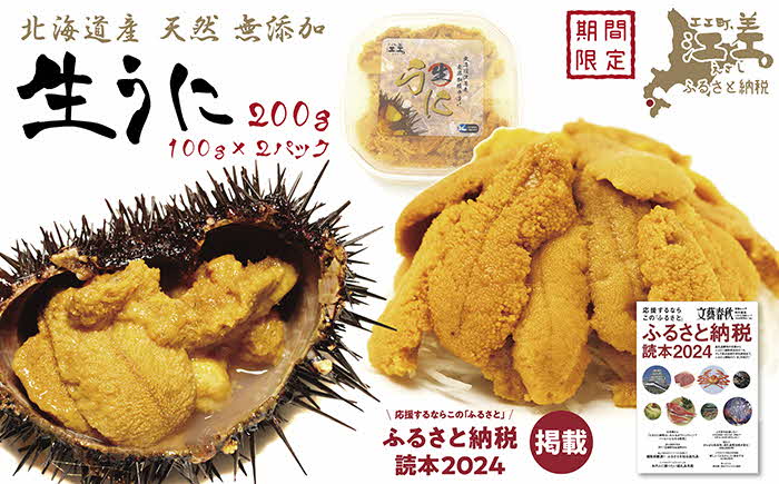 北海道 江差前浜産 生うに 200g（100g×2パック）【無添加・みょうばん不使用】江差産天然キタムラサキウニ　日本海熊石産海洋深層水　塩水ウニ　素材を生かした自然の味　国産うに　雲丹　100グラム