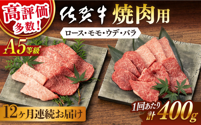 【12回定期便】 佐賀牛 A5 焼肉用 厳選部位 (ロース・モモ・ウデ・バラ) 400g (総計 4.8kg)【桑原畜産】 [NAB031] 佐賀牛 牛肉 焼肉 BBQ 佐賀牛 牛肉 焼肉 BBQ