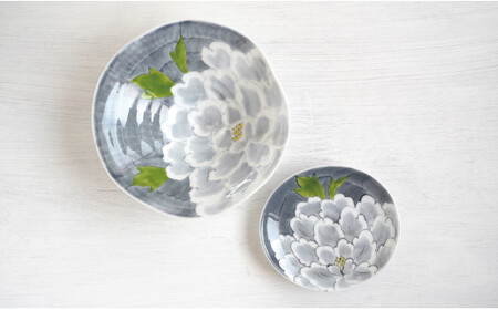 A40-225 有田焼 泰山 うす墨牡丹 手なぶり平菓子鉢 銘々皿セット