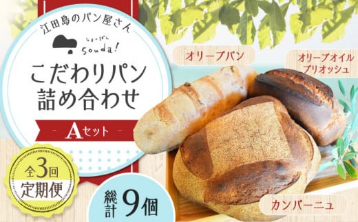【全3回定期便】石窯パン 詰め合わせ Aセット (計9個)  定期便 パン ぱん ブレッド ベーカリー 冷凍 石窯 石窯パン 菓子パン 惣菜パン 国産 小麦 国産小麦 朝食 ルヴァン 天然酵母 ハードパン ハード系 こだわり 天然 素材 風味 豊か 焼きたて 手作り 香り 贈り物 ギフト セット 詰め合わせ リピート 人気 広島県産 江田島市/しまのぱん souda！ [XAQ013]