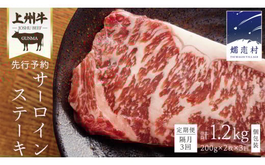 【定期便隔月 3回】上州牛 サーロイン ステーキ 200g × 2枚 （ 1枚 × 2パック ） 小分け サーロイン 定期便 隔月3回 パック 牛肉 日本 国産 群馬 冷凍 真空パック 小分け 少量 真空 ステーキ用 バーベキュー BBQ 鉄板焼き 贈答 ギフト 先行予約 [AH028tu]
