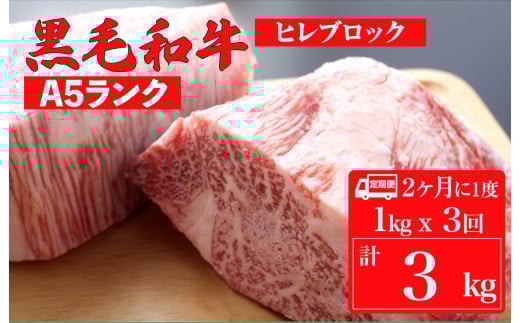 【定期便：2ヶ月に1度】黒毛和牛 A5ランク ヒレ ブロック 1kg×3回 計3kg (ステーキ用ソース付) 和牛 冷蔵 冷蔵便 ブロック肉 牛肉 ヒレ肉 ヒレステーキ フィレ 定期 ３回