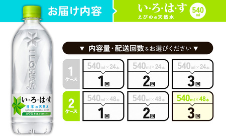 【3回定期便】いろはす 天然水 540ml(500ml + 40ml)PET【コカ・コーラ】 ペットボトル 2箱 (48本) 定期便 3回(144本)ミネラルウォーター ナチュラルミネラルウォーター 
