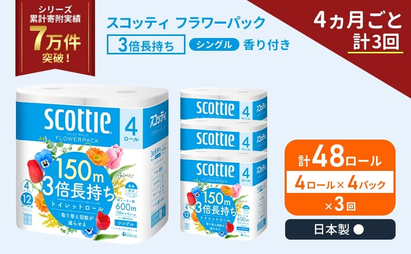 
                  定期便 トイレットペーパー シングル スコッティ フラワーパック 3倍長持ち 48ロール ( 4ロール × 4パック ) 《 4ヶ月ごと 計  3回 》香り付き [№5704-1183]
                