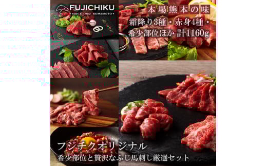 【熊本と畜】ふじ馬刺し オリジナル 堪能セット 詰め合わせ 赤身 霜降り 高級 希少部位 三枚バラ 大トロ 中トロ ヒレ シャトーブリアン ロース ランプ 上赤身 チョーチン フタエゴ バラヒモ ミスジ トウガラシ ユッケ ネギトロ 専用たれ 計1160g