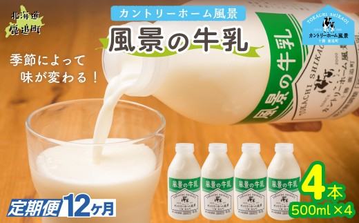 【定期12ヶ月】風景の牛乳 500ml ×4 【 ふるさと納税 人気 おすすめ ランキング 牛乳 牧場 低温殺菌 ノンホモ 定期便 カントリーホーム風景 北海道 十勝 鹿追町 送料無料 】 SKB074
