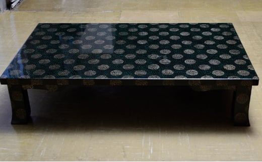 津軽塗 座卓 羽角ケリ足 3尺×5尺 梨黒 緑【 インテリア 和室用の机 デスク 机  】