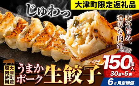 餃子 うまかポーク生餃子 150個 【6ヶ月定期便】タレ付き 大津町限定返礼品 冷凍餃子 ギョウザ《お申込み月の翌月から発送開始》大津町産豚肉使用 九州産キャベツ使用（大津町産含む）皮モチモチ 肉汁溢れる ぎょうざ （30個×5袋）