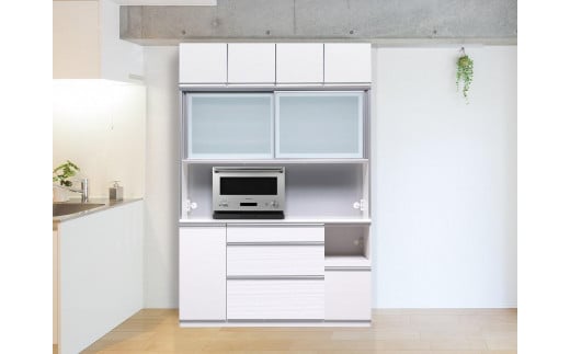 （ホワイト柾目）【開梱設置】 クロノス キッチンボード 上置き付 幅160cm キッチンボード 引き戸 食器棚 オープンボード 完成品 カップボード ダイニングボード 160幅 大川家具