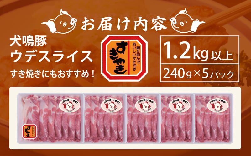 【期間限定】犬鳴豚 うで スライス 1.2kg以上 小分け 約240g×5P＋手作りプレミアムハンバーグ（2個入り）【国産 豚肉 すき焼き しゃぶしゃぶ におすすめ 泉佐野ブランド豚 犬鳴ポーク】 0