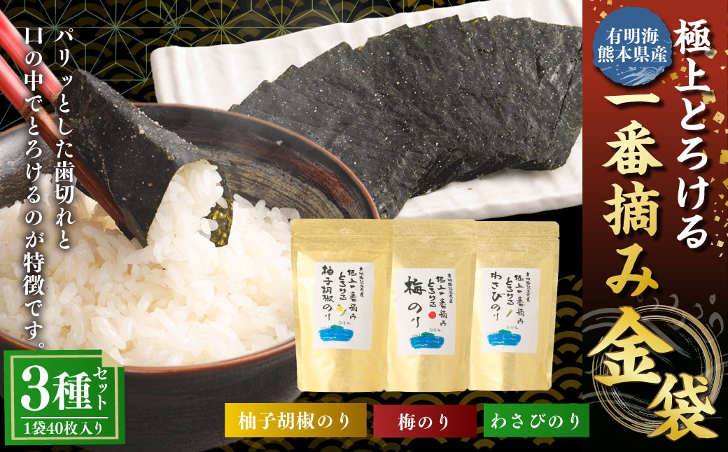 
            有明海 熊本産 極上とろける一番摘み （柚子胡椒のり・梅のり・わさびのり） 金袋 3種セット 1袋（40枚入）×3袋 計120枚 各1袋 海苔 海藻 のり ノリ 柚子 胡椒 梅 うめ ウメ わさび ワサビ 山葵 
          