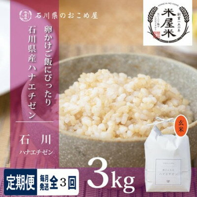 【ふるさと納税】【毎月定期便】【軽やかな甘みと食べやすさ】石川県野々市市産ハナエチゼン 玄米 3kg全3回【4085907】