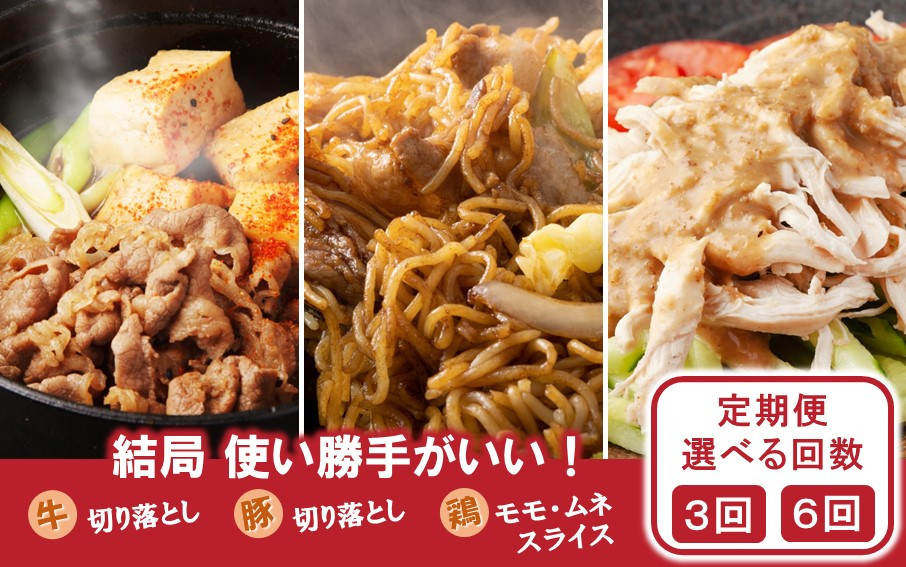 
            【定期便/3ヶ月or6ヶ月連続】毎日の献立に！おおいたの牛・豚・鶏をセットでお届け 切り落とし 切落し スライス_2574R
          