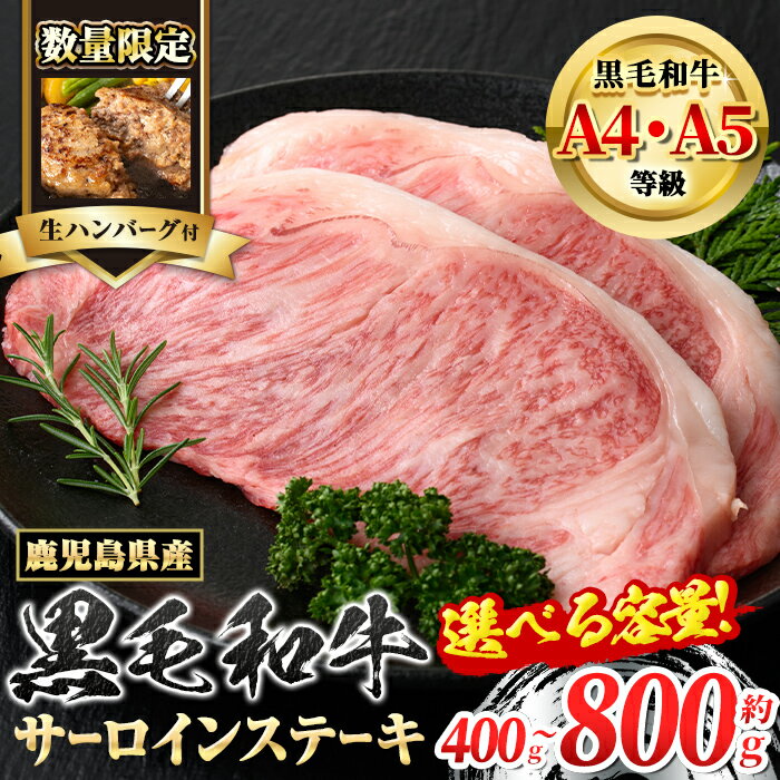 【ふるさと納税】＜数量限定・生ハンバーグ付＞＜A4〜5等級＞鹿児島県産 黒毛和牛 サーロインステーキ(計400g・約200g×2枚 or 計800g・約200g×4枚) 牛肉専門店自慢のお肉 国産 九州産 牛肉 黒毛和牛 霜降り サーロイン ステーキ A4 A5 等級 ハンバーグ 贈答 【新村畜産】
