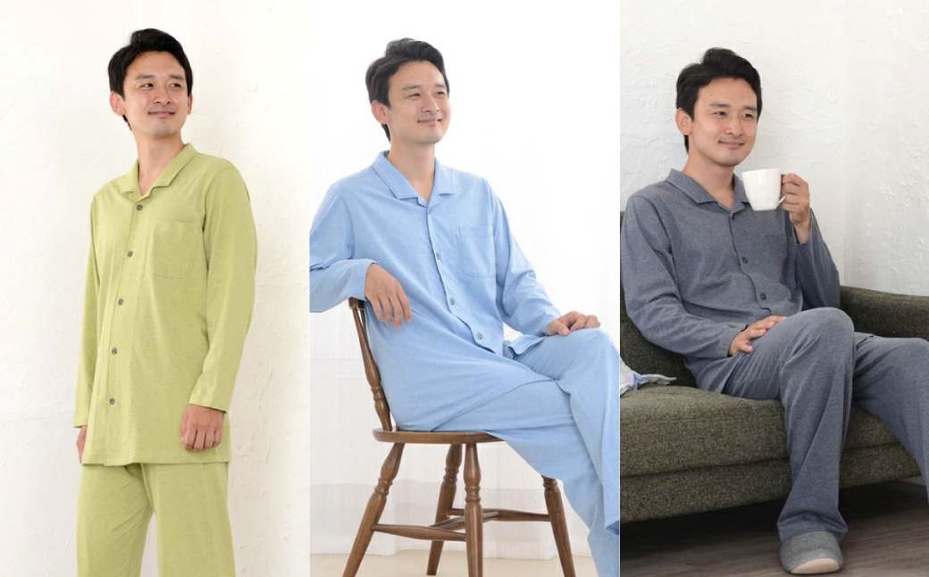 薄地天竺ニット テーラーカラー前開き メンズパジャマ 株式会社ラブリー パジャマ工房 滋賀県 東近江市 A-E51 パジャマ 部屋着 ルームウェア 寝巻き 男性用 オーガニックコットン コットン100％ 肌に優しい