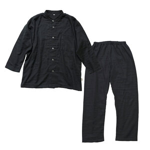 moun　3重ガーゼ　メンズパジャマ　綿100%　日本製　Lサイズ（ネイビー、ブラック） ブラック