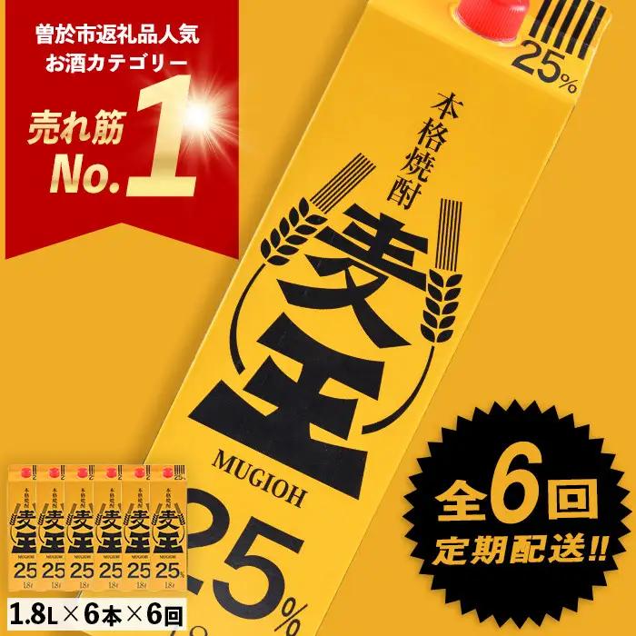 ＜定期便・全6回(連続)＞ 鹿児島 本格 麦焼酎 麦王 パック (1.8L×6本×6回)【岩川醸造】T8-v02