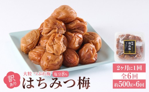 訳あり 梅干し 大粒 大玉 つぶれ梅 はちみつ梅 約500g × 6回 塩分8％ [ 定期便 2か月に１回発送・全6回 ]