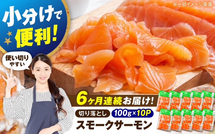 
                  【全6回定期便】サーモン 鮭 スモークサーモン  （切り落とし）100ｇ×10パック 滋賀県長浜市/株式会社中村屋[AQAJ039]  サーモン 鮭 スモークサーモン スモークサーモン 鮭 燻製 刺身 お取り寄せ グルメ 魚介類 前菜 おつまみ サラダ シーフード クリームチーズ サンドイッチ 海鮮セット パーティー用 人気 プレゼント ギフト 贈答
                