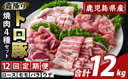 K-379-F ＜12回定期便＞鹿児島県産霜降りトロ豚 焼肉用バラエティセット(合計12kg)【ふるさと産直バザール】霧島市 ロース バラ ウデ モモ 焼き肉 ヤキニク 豚肉 国産 鹿児島県産 肉 精