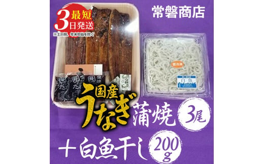 国産うなぎ蒲焼3尾+白魚干し200g【最短3日発送】※沖縄・離島への配送不可