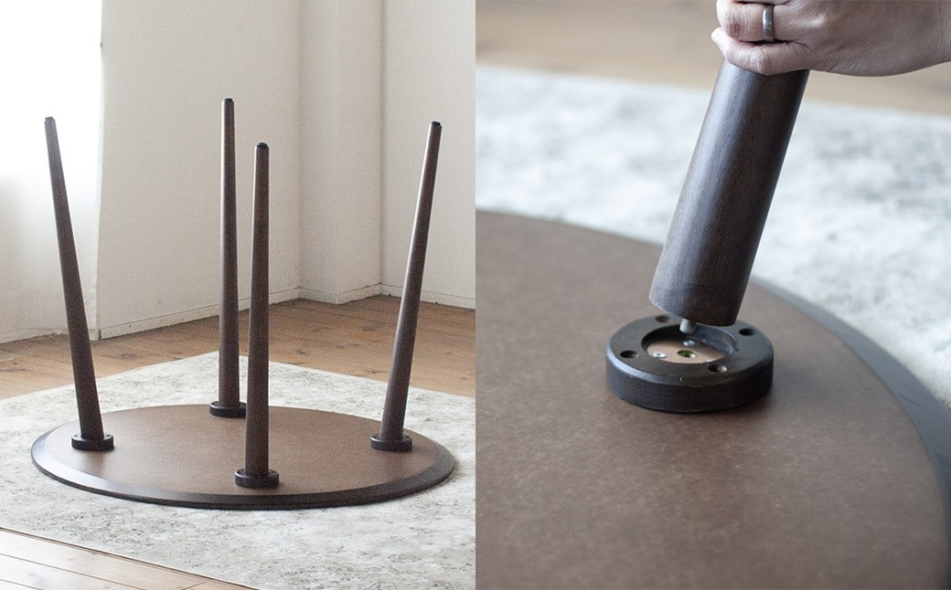 モルタル調メラミン材のラウンドダイニング （80cm） 木部ウォルナット色