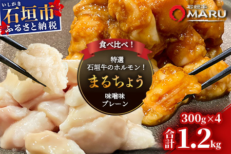 希少な特選石垣牛のホルモンをご家庭で！！マルチョウ300g×4パック 秘伝の味噌味とプレーンの食べ比べセット【 沖縄 石垣 和牛 石垣牛 希少 特選 肉 味噌 みそ 味付 ホルモン マルチョウ 冷凍 小分け 】IM-19