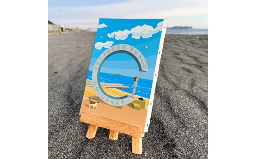 湘南・茅ヶ崎で描く、海を感じるイラストアート 『 湘南ランドスケープ06：届くかな...サザンC 』　キャンバスアートパネル（小） /絵画 風景 犬 猫