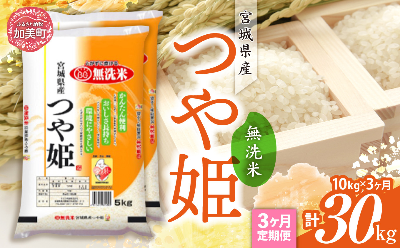 【定期便3回】令和6年産 宮城県産 つや姫 無洗米 10kg(5kg×2）×3回  | km00014-r6-10kg-3