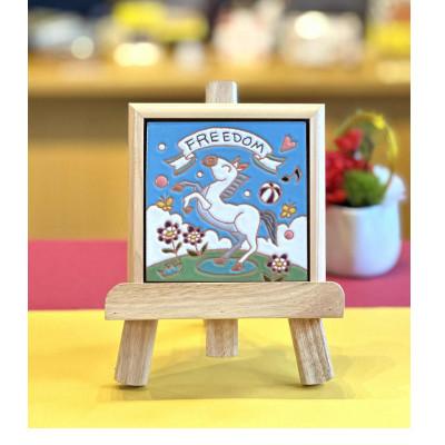 ふるさと納税 女川町 スペインタイル　干支絵タイル　10cm×10cm　木製フレーム・イーゼル付き【午】