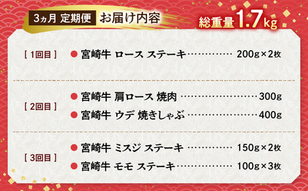 ステーキ・焼肉・焼きしゃぶ 宮崎牛食べ比べ定期便(総重量1.7kg) 牛肉 焼肉 しゃぶしゃぶ ステーキ