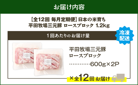 【 全12回 毎月 定期便 】 日本 の 米育ち 平田牧場 三元豚 ロース ブロック 1.2kg T036-T07-03 定期 肉 お肉 にく 豚 豚肉 ブタ ぶた とんかつ 焼豚 黒豚 冷凍 バーク