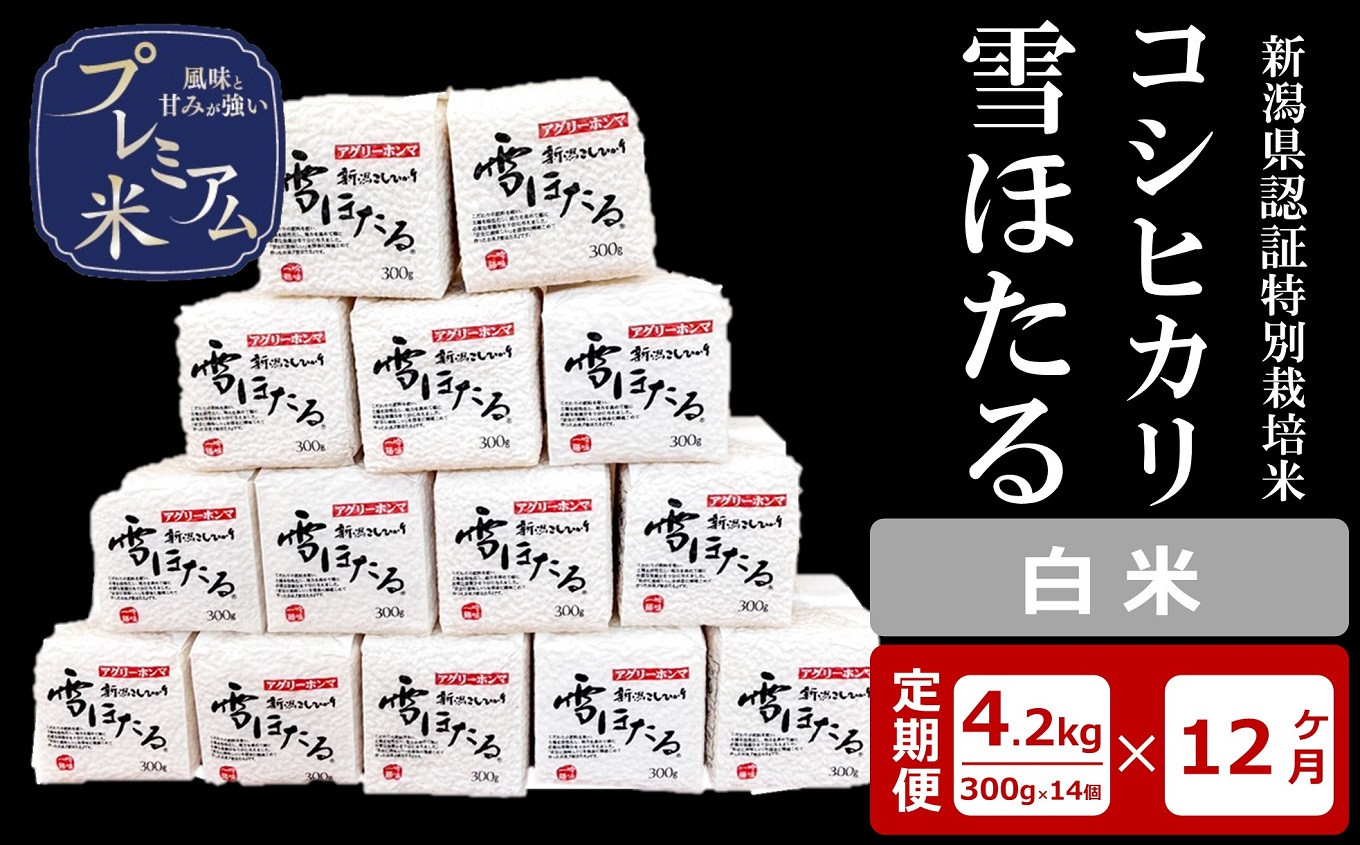 
            【12ヶ月定期便】甘味の強いプレミアム米 雪ほたる 新潟県認証特別栽培米 コシヒカリ 白米 真空パック 4.2kg（300g×14個）×12回（計 50.4kg） アグリーホンマ[Y0514]
          