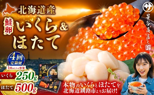 【4ヶ月定期便】 笹谷商店 新物 北海道産 いくら醤油漬け250g＆ほたて貝柱500g お刺身 国産 イクラ イクラ醤油漬け 鮭いくら 鮭卵 ほたて貝柱 帆立 ホタテ ほたて 海鮮丼 詰め合わせ 海鮮
