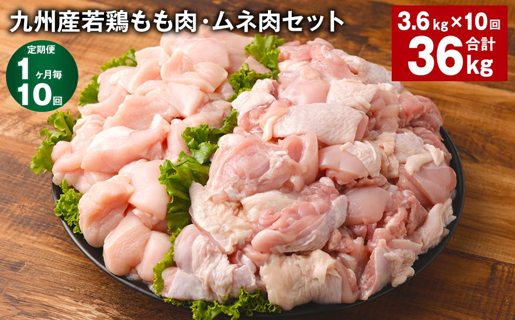 
            【1ヶ月毎10回定期便】 九州産若鶏もも肉・ムネ肉セット 計約36kg（約3.6kg×10回） 鶏肉 もも肉 ムネ肉【お申込み翌月から出荷】
          