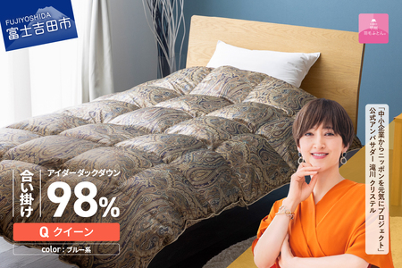 【甲州羽毛ふとん】合掛けシルクプリント手選別アイダーダウン（クイーン） ブルー系 羽毛布団  ふとん 布団