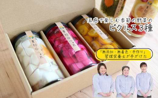 東松山市産 減農薬野菜を使用した季節のピクルス 3本詰め合わせ | 埼玉県 東松山市 ピクルス 減農薬 旬の野菜 季節野菜 管理栄養士 常備菜 和風 洋風 ハニー おしゃれ 可愛い お土産 管理栄養士 無添加 漬物 サラダ ビネガー 保存食 サイドディッシュ 美しい ヘルシー 健康 酢 カラフル 酢漬け