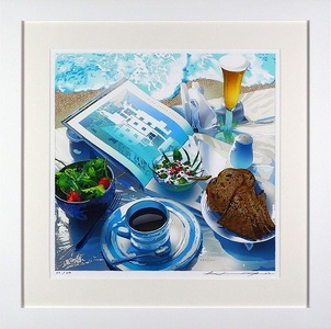 版画 鈴木英人 「ビーチ ブランチ」 シリアルナンバー入り フレーム付き 直筆サイン入り インテリア アート 絵画 絵 イラスト 風景 コンドミニアム ブランチ