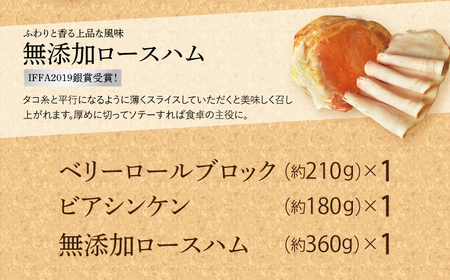 【国際大会金賞】【毎月3点×6回定期便】店主おすすめ セット 毎月3品（計18品） / 無添加ロースハム ビアシンケン ベリーロールブロック / 長与町 / 雪の浦手造りハム  [EAM033] / 