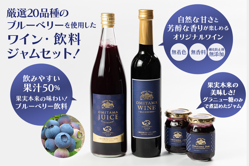 小美玉ブルーベリーワイン1本・果汁50％ブルーベリー飲料1本＆ブルーベリージャム2個セット