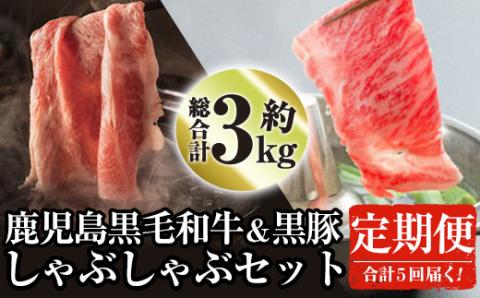 ＜定期便・全5回＞鹿児島県産黒毛和牛と黒豚のしゃぶしゃぶセット(各300g×2×5回・計3kg)【ナンチク】T1-v01