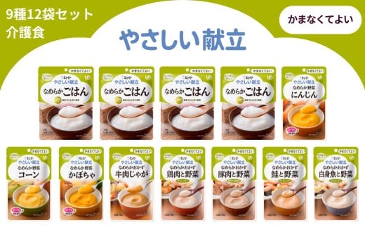キユーピー やさしい献立 かまなくてよい 9種 12袋セット【介護食 災害食 防災食 おかず 主食 なめらか野菜 にんじん コーン かぼちゃ なめらかごはん なめらかおかず 豚肉と野菜 鮭と野菜 白身魚と野菜 牛肉じゃが 鶏肉と野菜 キューピー】