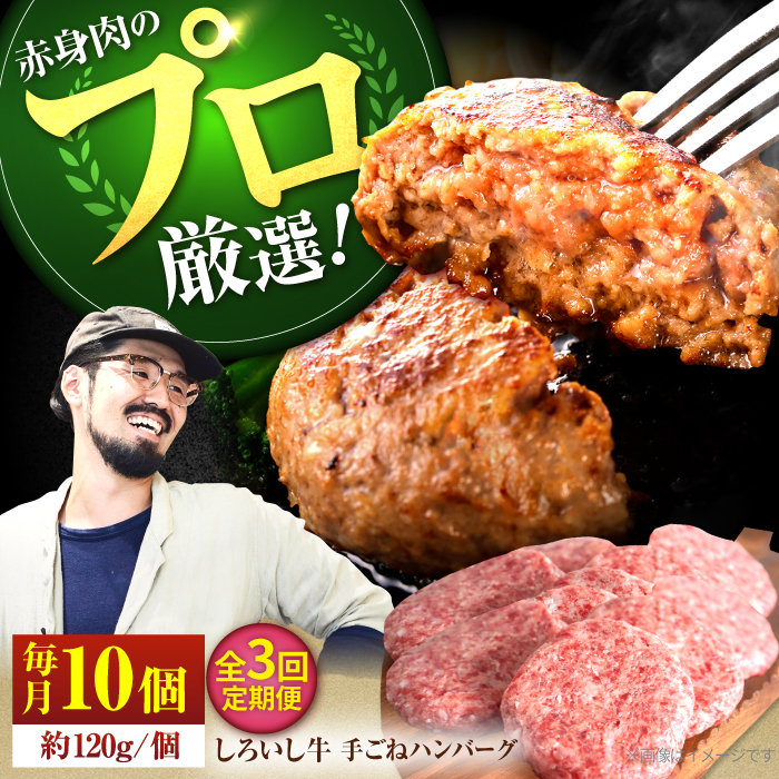 【牧場直送】【3回定期便】佐賀県産 しろいし牛 ボリュームたっぷり 手ごね ハンバーグ 120g×10個【有限会社佐賀セントラル牧場】 [IAH057]