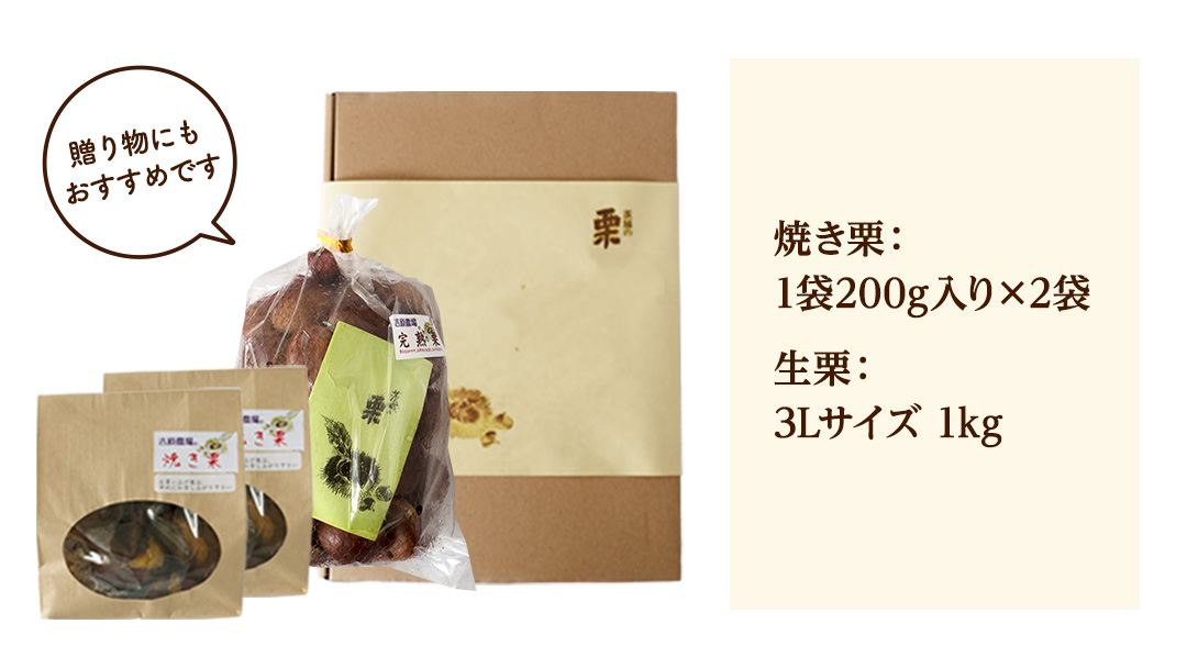 【 吉原農場 の 完熟栗 】 熟成 生栗 1kg 3Lサイズ ・ 焼き栗 2袋 セット 完熟 栗 くり クリ 栗ごはん 贈答 ギフト 果物 フルーツ 数量限定 旬 秋 冬 正月 おせち [CX008ci]