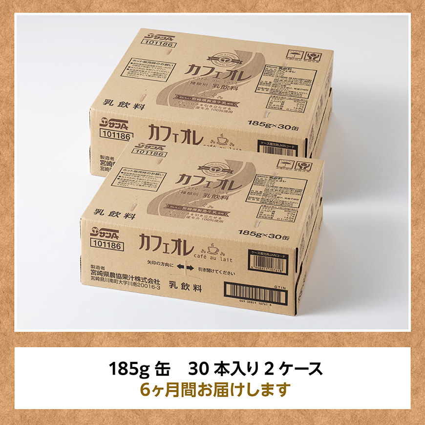 【6ヶ月定期便】サンA カフェオレ 185ｇ 缶 30本 入り ×2ケース 【 飲料 カフェオレ 缶 ジュース 長期保存 九州 宮崎県産 川南町 送料無料 】