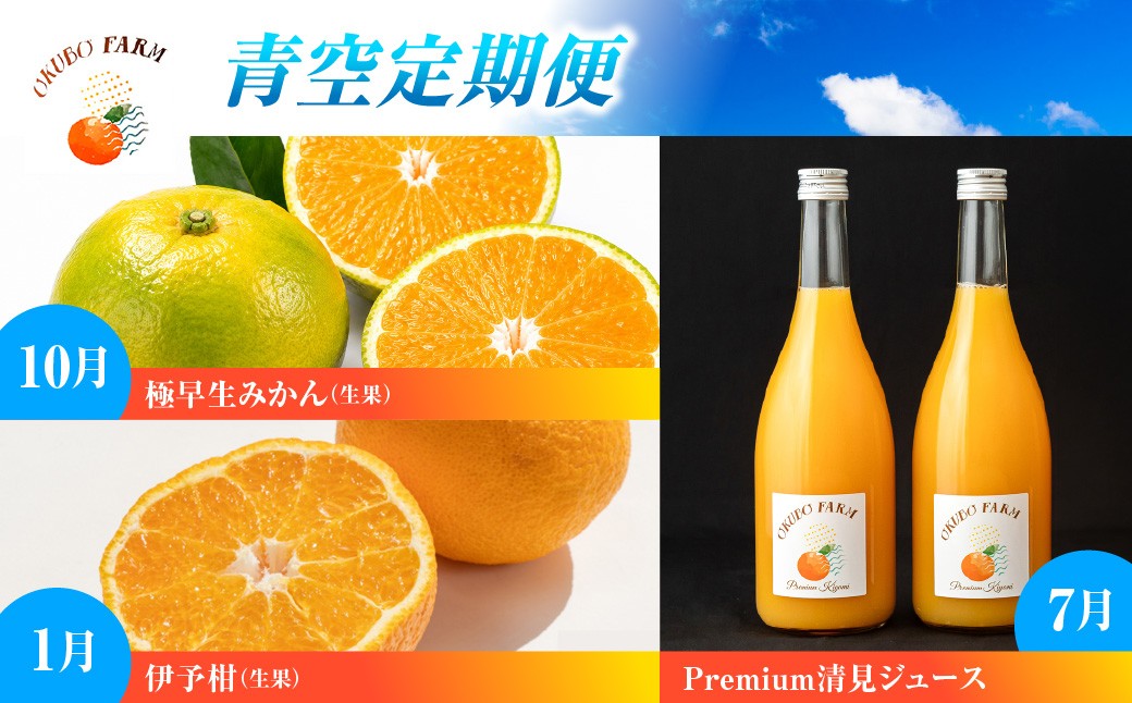 
                  青空定期便　10月極早生みかん(生果)5kg　1月伊予柑(生果)3kg　7月Premium清見ジュース720ml×2本【ふるさと納税 人気 おすすめ ランキング 柑橘 みかん ミカン フルーツ みかんジュース オレンジジュース 極早生みかん 伊予柑　 果物 ジュース 愛媛  OKUBO FARM 愛媛県 伊方町 送料無料】IKTAT027
                
