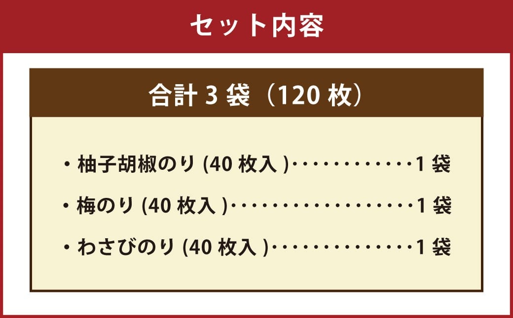 有明海熊本産極上とろける一番摘み（柚子胡椒のり・梅のり・わさびのり）金袋